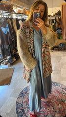 Cappotto Donna Scozzese con Maniche in Peliccia