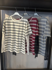T-shirt Donna Rigata con Maniche in Pizzo