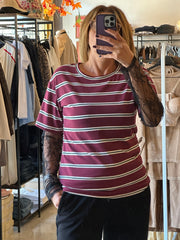 T-shirt Donna Rigata con Maniche in Pizzo