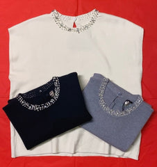 Maglia Manica Corta Donna con strass e perle