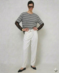 T-shirt Donna Rigata con Maniche in Pizzo
