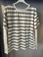 T-shirt Donna Rigata con Maniche in Pizzo
