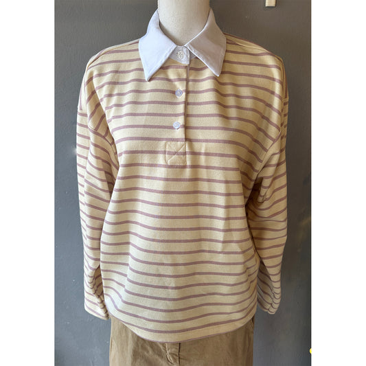 Polo in Felpa Rigata con collo a camicia